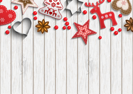 Christmas background, small scandinavian styled red decorations lying on white wooden backgroundのイラスト素材