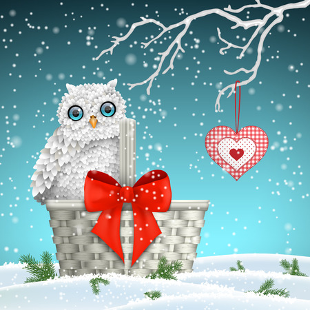 Christmas motive, cute white owl sitting on white basket with big red ribbon under dry branches and hanging red decorative heart, vector illustrationのイラスト素材