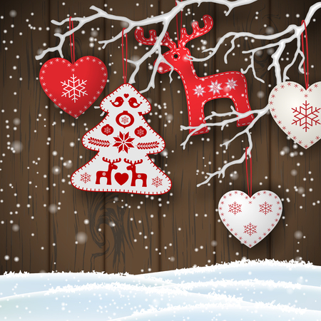 Christmas motive, various red and white decorations hanging on dry white branch in front of brown wooden wall, vector illustrationのイラスト素材