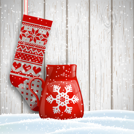 knitted christmas stocking with red patterns and red tea cup decorated with abstract white snowflake on gray wooden background, vector illustrationのイラスト素材