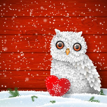 Cute white owl sitting in snow in front of red wooden wall with small red heart, winter holiday theme, vector illustrationのイラスト素材