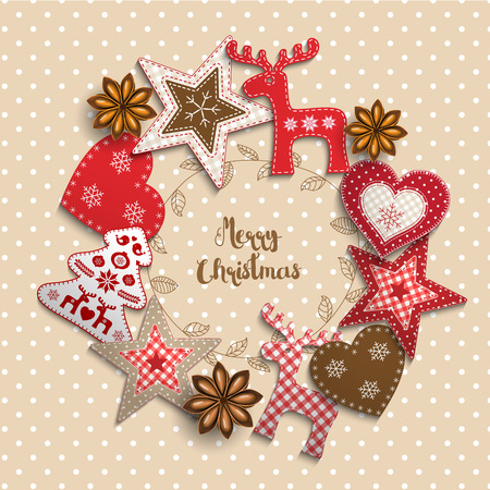 Christmas background, small scandinavian styled red decorations lying on beige polka dotted backdrop, inspired by flat lay style, with text Merry christmas, framed by abstract leaf wreath, vector illustrationのイラスト素材