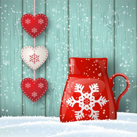 Christmas theme, red cup in snow with cute decoration in front of blue wooden wall, illustrationのイラスト素材