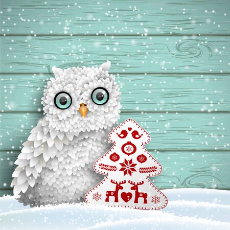 Cute white owl sitting in snow in front of blue wooden wall with abstract decoration in shape of tree, winter holiday theme, vector illustrationのイラスト素材
