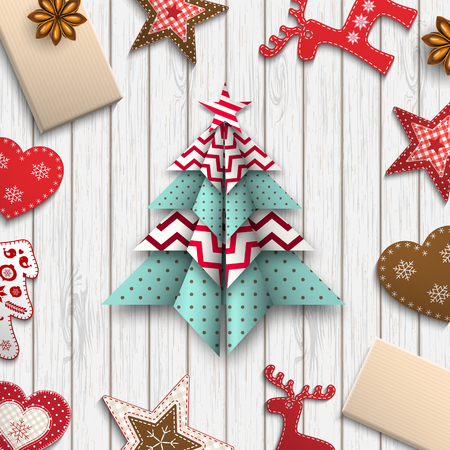 red, white and blue origami tree on gray wooden background lying among small farmhouse decorations, abstract christmas theme inspired by flat lay style, vector illustrationのイラスト素材
