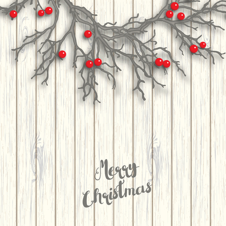 One half of Christmas wreath created from gray branches with red berries lying on whitewooden background, vector illustration, with text Merry Christmasのイラスト素材