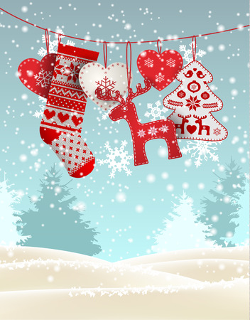 Red knitted christmas stocking with nordic patterns, with some scandinavian traditional decorations hanging in front of simple winter landscape, vector illustrationのイラスト素材