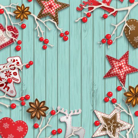 Abstract christmas background, dry branches with red berries and small scandinavian styled decorations lying on wooden desk, inspired by flat lay style, vector illustrationのイラスト素材