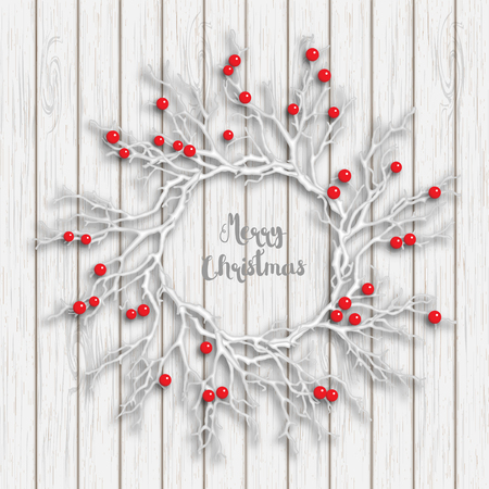 Christmas wreath created from white branches with red berries lying on wooden background, vector illustration, with text Merry Christmasのイラスト素材
