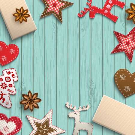 Christmas background, small scandinavian styled red decorations lying on blue wooden desk, inspired by flat lay style, vector illustrationのイラスト素材