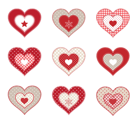 Set of red decorative patchwork hearts isolated on white background, vector illustrationのイラスト素材