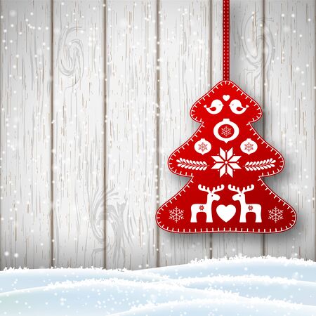 Christmas decoration in scandinavian style, red rich decorated tree in front of white wooden wall, vector illustrationのイラスト素材