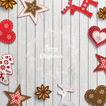 Christmas background, small scandinavian styled red decorations lying on white wooden desk, inspired by flat lay style, with text Merry christmas, framed by abstract leaf wreath, vector illustrationのイラスト素材