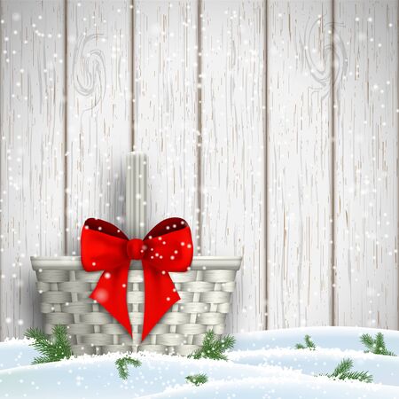 White basket with red ribbon in front of gray obsolete wooden wall, christmas motive, vector illustrationのイラスト素材