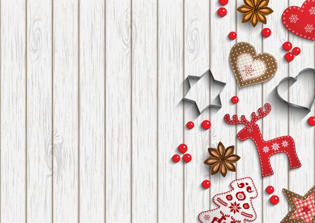 Christmas background, small scandinavian styled red decorations, berries and cutting forms lying on white wooden background, inspired by flat lay style, vector illustrationのイラスト素材
