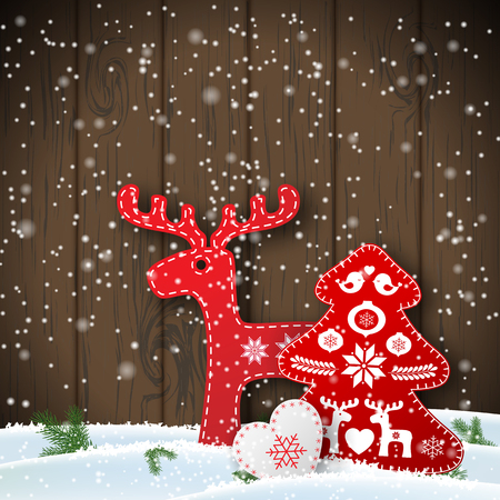 Christmas motive in scandinavian style, red and white folk decorations in front of wooden wall, deer, tree and heart, vector illustrationのイラスト素材