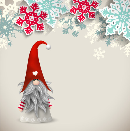 Tomte, scandinavian traditional christmas dwarf with abstract snowflakes on beige background, vector illustrationのイラスト素材