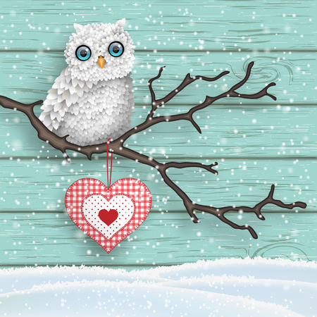 Christmas motive, cute white owl sitting on dry branch in front of blue wooden wall, vector illustrationのイラスト素材