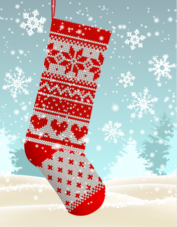 Christmas theme, red knitted christmas stocking hanging in front of winter snowy forrest landscape, with text Let it snow, vector illustrationのイラスト素材