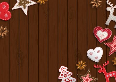 Christmas background, small scandinavian styled red decorations lying on brownwooden desk, inspired by flat lay style, vector illustrationのイラスト素材