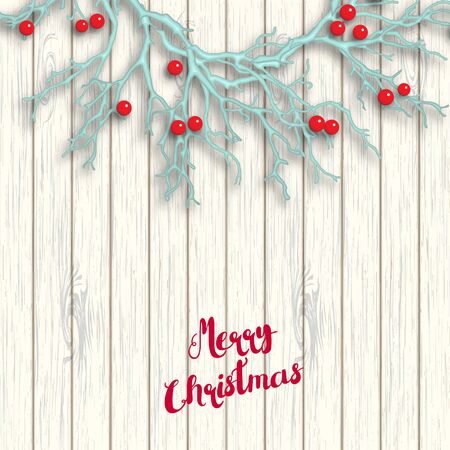 One half of Christmas wreath created from abstract blue branches with red berries lying on white wooden background, vector illustration, with text Merry Christmasのイラスト素材