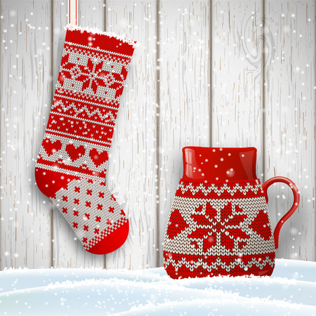 knitted christmas stocking and red tea cup decorated with traditional scandinavian patternin front of white wooden background, vector illustrationのイラスト素材