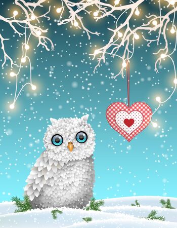 Christmas motive, cute white owl sitting under dry branch with electric lights and decorative red heart in winter landscape, vector illustrationのイラスト素材