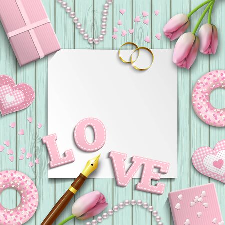 Romantic wedding or valentine motive, inspired by flat lay style, illustrationのイラスト素材