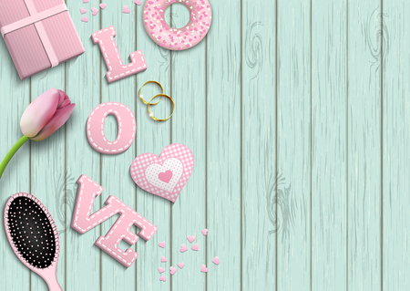 Pink letters LOVE, romantic motive, inspired by flat lay style, illustrationのイラスト素材