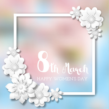International Womens Day, white frame with 3d abstract flowers on blurred background, illustrationのイラスト素材