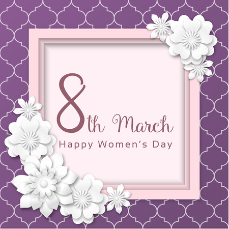 International Womens Day, pink frame with 3d abstract flowers on purple pattern, illustrationのイラスト素材