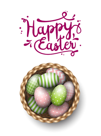 Basket with painted easter eggs on white background, illustrationのイラスト素材