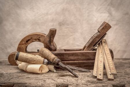 Vintage woodworking tools, stylized hdr imageの写真素材