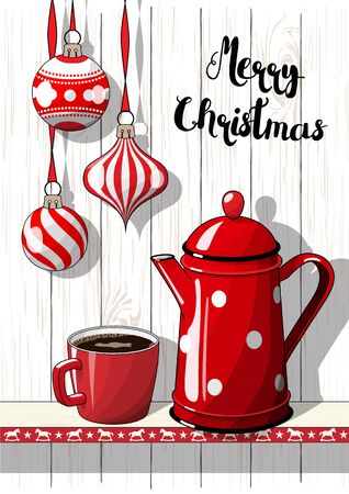 Holidays motive, Christmas decorations with red dotted coffee pot and cup, illustrationのイラスト素材