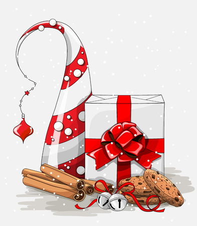 Christmas still-life, white gift box with big red ribbon, cookies, cinnamon and jingle bells and abstract chritmas tree, illustrationの写真素材