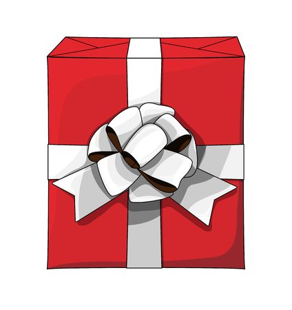 Red gift box with big white ribbon, christmas illustrationのイラスト素材