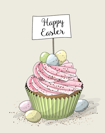 Easter cupcake with small eggs, vector illustrationのイラスト素材
