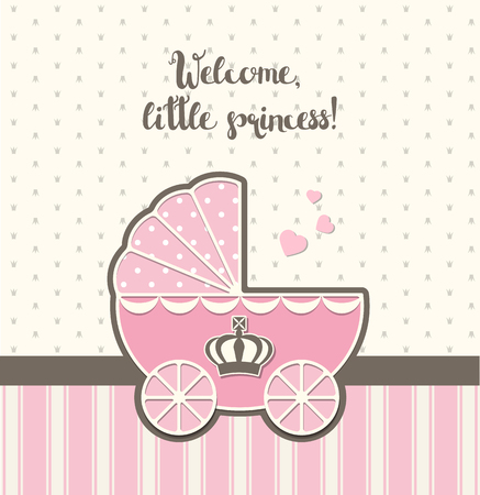 baby shower, pink vintage stroller with royal crown, vector illustration, eps 10 with transparencyのイラスト素材