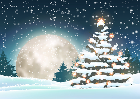 Christmas tree in snowy landscape with big moon in background, vector illustration, eps 10 with transparencyのイラスト素材