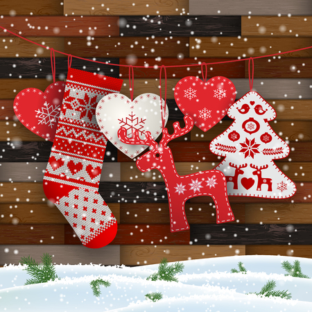 Group of hanging Christmas decorations in Scandinavian style in front of wooden wall, includes hearts, deer, tree and Santa's stocking, vector illustration, eps 10 with transparency and gradient meshesのイラスト素材