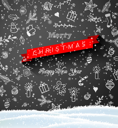 Seasonal motive, small Christmas doodles on blackboard with text Merry Christmas, vector illustration, eps 10 with transparencyのイラスト素材
