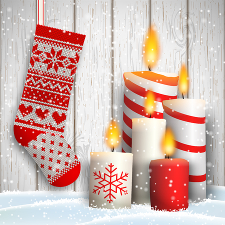 Christmas still-life with white and red candles and knitted stocking on gray wooden background, vector illustration, eps 10 with transparencyのイラスト素材
