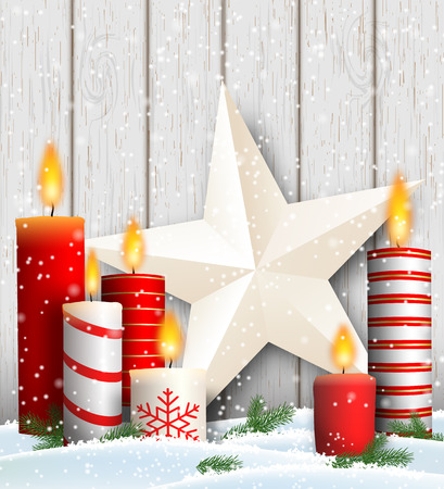 Christmas still-life with white and big white star decoration on gray wooden background, vector illustration, eps 10 with transparencyのイラスト素材