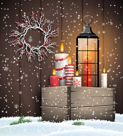 Christmas still-life, wooden box with candles and lantern on wooden background, vector illustration, eps 10 with transparencyのイラスト素材