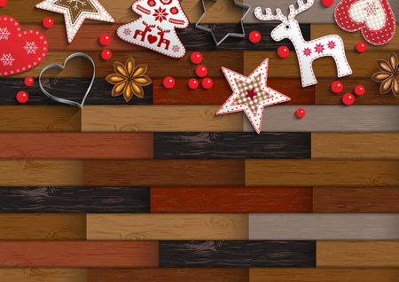 Christmas background with parquet pattern and nice decorations, vector illustration, eps 10 with transparencyのイラスト素材