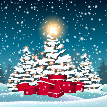 Christmas trees and red gift boxes in snowy landscape and big shinny star, holidays motive, vector illustration, eps 10 with transparencyのイラスト素材