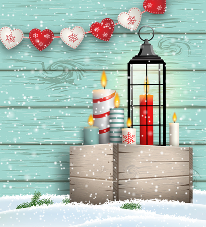 Christmas still-life, wooden box with candles and lantern on blue wooden background, vector illustration, eps 10 with transparencyのイラスト素材