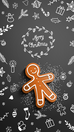 Christmas theme, gingerbread man lying on blackboard with chalk doodle and text Merry Christmas, mobile phone wallpaper, vector illustration, eps 10 with transparencyのイラスト素材