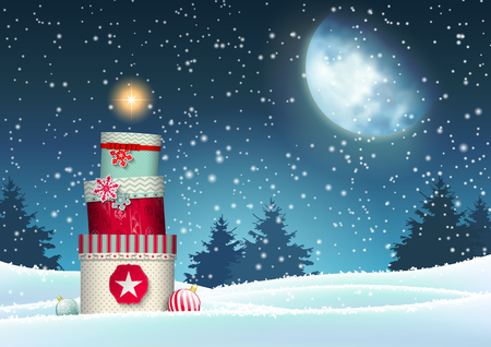 Christmas background with stack of colorful presents in snowy landscape, vector illustration, eps 10 with transparency and gradient meshesのイラスト素材