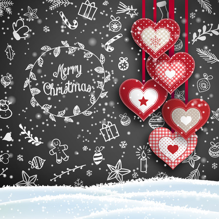 Christmas background with white chalk doodles and hanging red hearts on black background, vector illustration, eps 10 with transparencyのイラスト素材